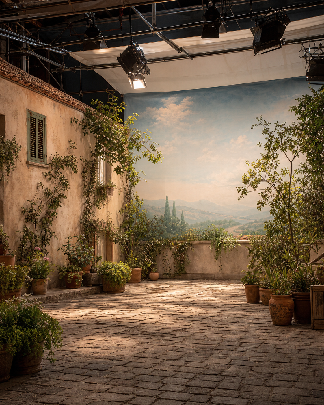 Scenografia esterna con facciata posticcia e ambientazione da giardino per riprese in studio