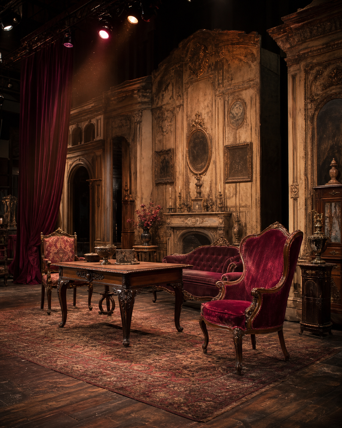 Set in stile teatrale d'epoca con arredi e fondale dipinto a mano