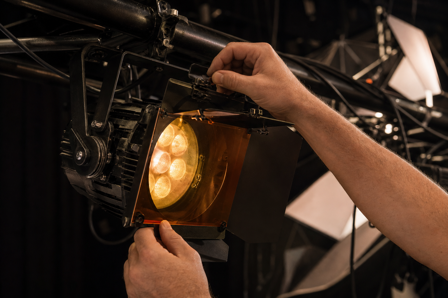 Tecnico regola un faro scenico con gelatine colorate su un rig di illuminazione