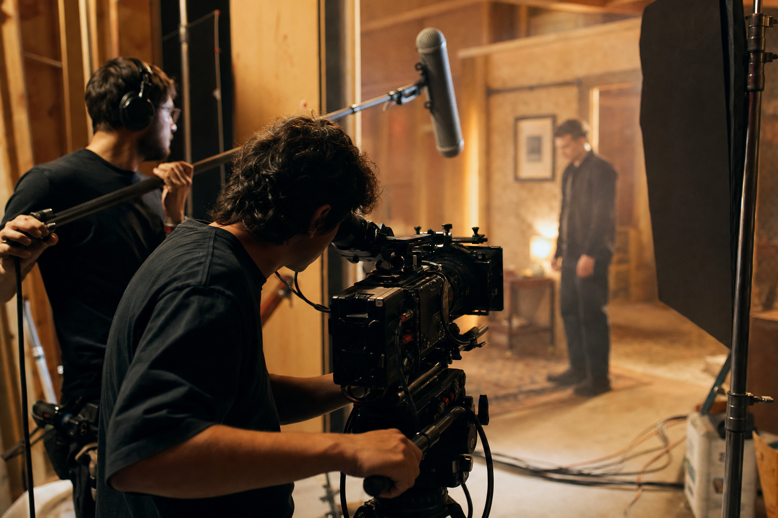Troupe video che riprende una scena su un set allestito con cinepresa professionale