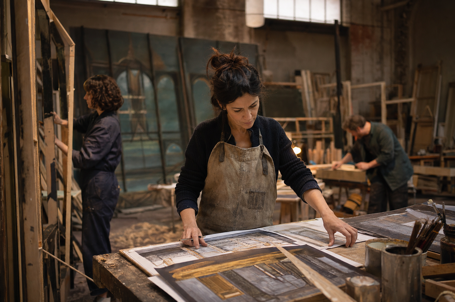 Giulia Costa e il team di Scenografia al lavoro nel laboratorio tra bozzetti, attrezzi e elementi scenici